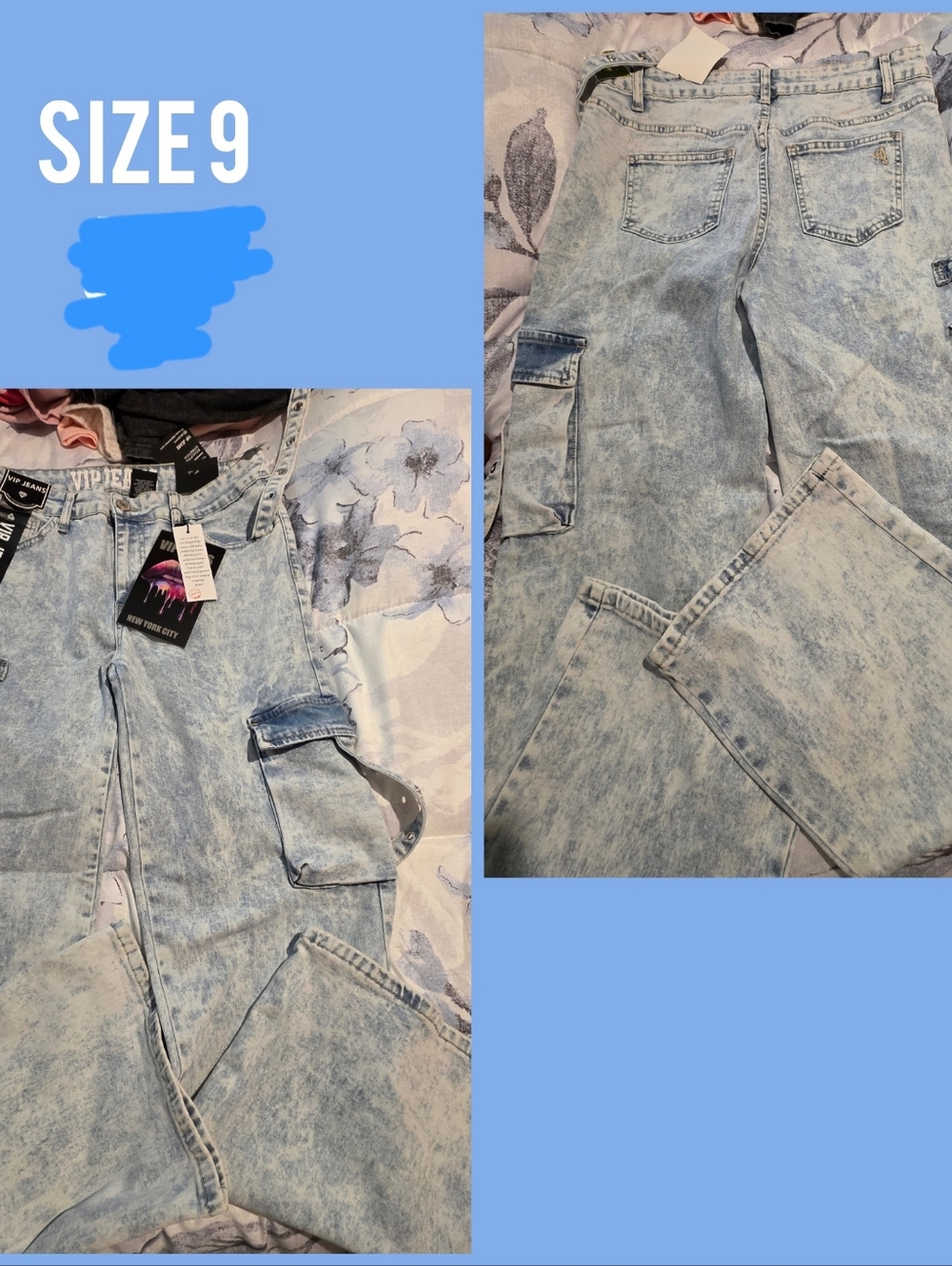 VIP Light Wash Blue Wide Leg Cargo Jeans